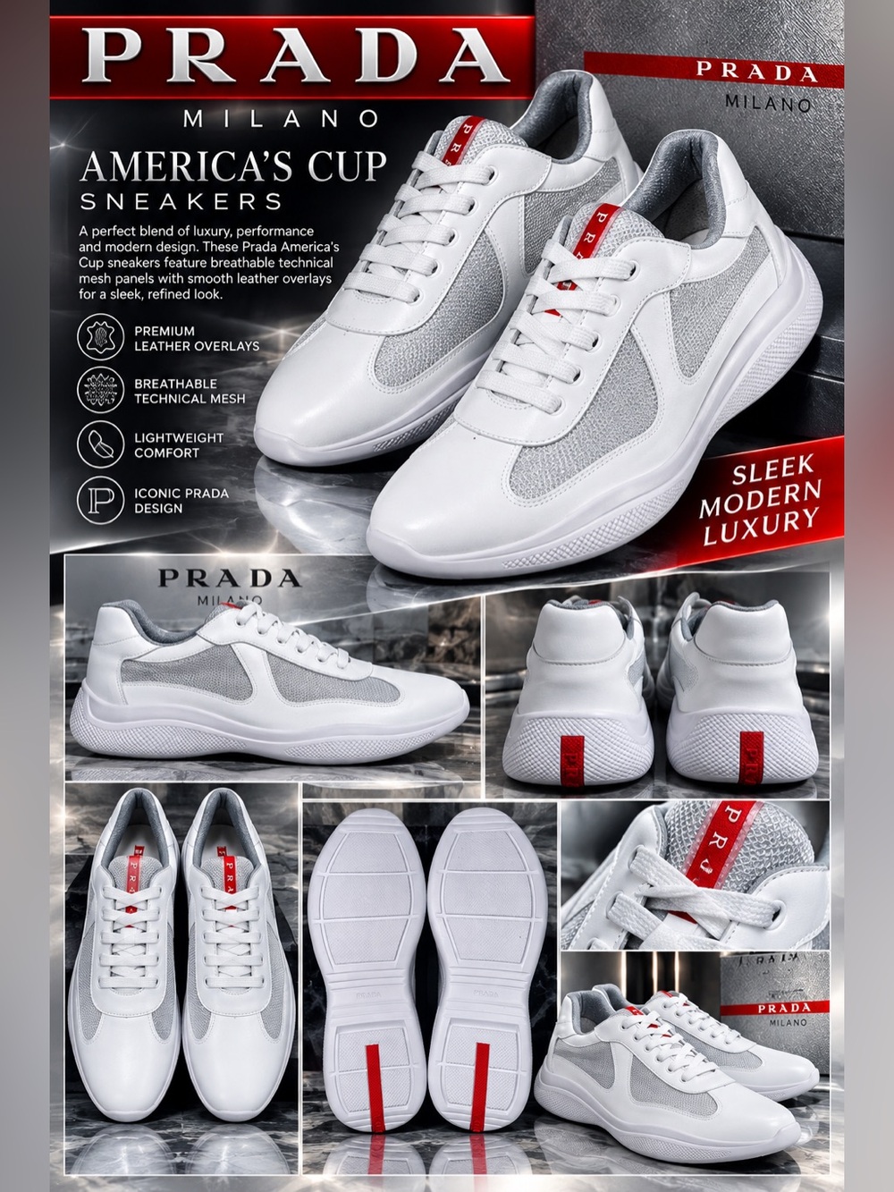 White Prada America's Cup sneakers-technical mesh panels/smooth leather๐ฅNew! 12